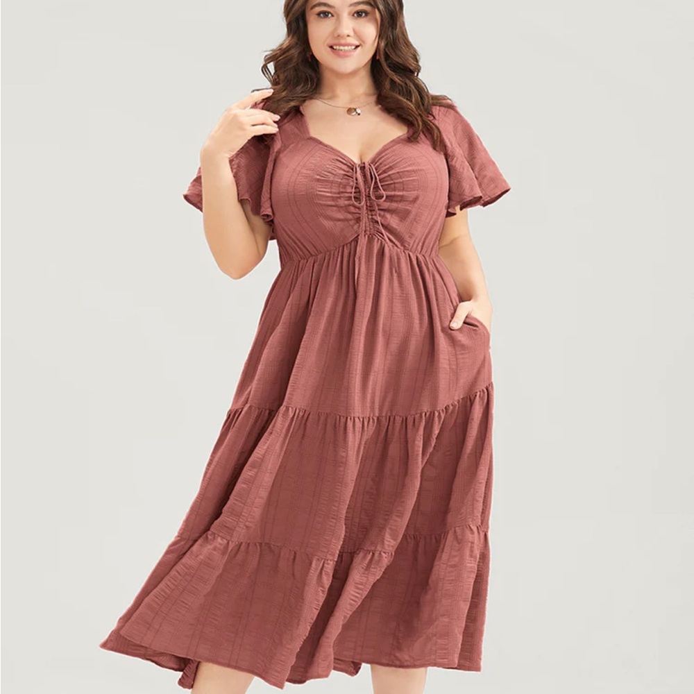 Plain Ruched Drawstring Pocket Ruffle Tiered Dress - Picture 6 of 7
